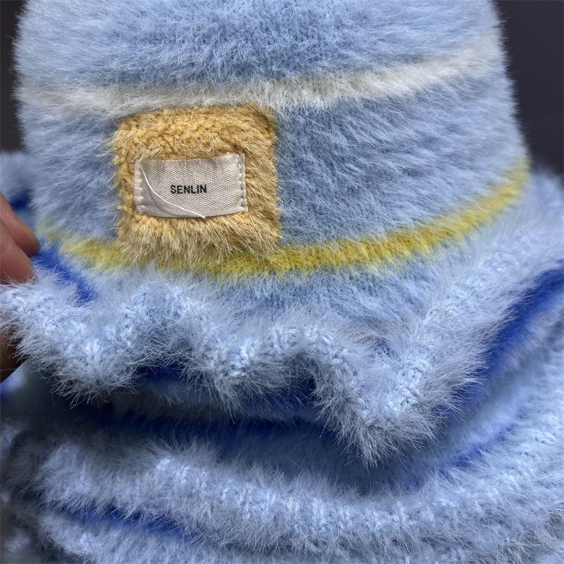 Autumn and Winter Imitation Mink Striped Knitted Wide-brimmed Bucket Hat for Men and Women, Small Fresh College Style Warm Basin Hat