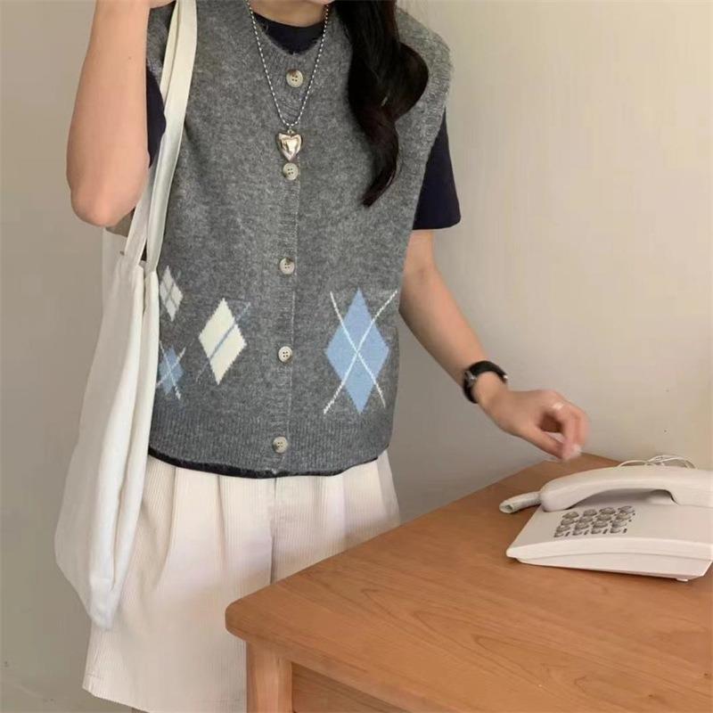 

Женский вязаный жилет Весна и Осень Вязаный жилет с ромбовидным узором Женский свободный жилет-свитер Топ 2XL серый