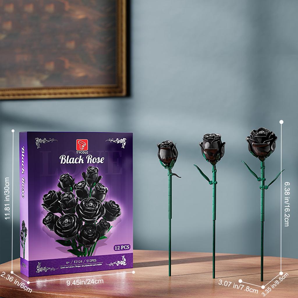 Non-Toxic 12 Pieces Black Rose Bundle Building Blocks Toys Model Flowers Bricks Toy Sets Desktop Ornament Valentine'S Day Christmas Gifts