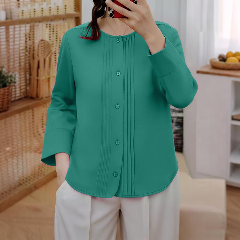 ZANZEA Damen Freizeit Rundhals Einfarbig 3/4 Ärmel Bluse