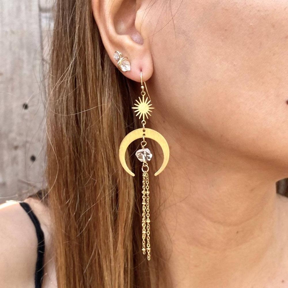 Bohemia Charm Gold Color Stainless Steel Sun Crescent Irregular Natural Crystal Beads Tassel Dangle Earrings for Women Jewelry
