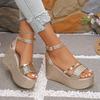 Pu Leather Weave Wedge Sandals for Women Fashion Gold Chunky Platform Sandals with Ankle Strap Summer Thick Bottom Beach Shoes