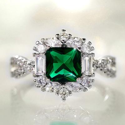 Seiko Deluxe Grandmother Green Princess Square Zircon Wedding Ring, Fashion Ladies Engagement Ring