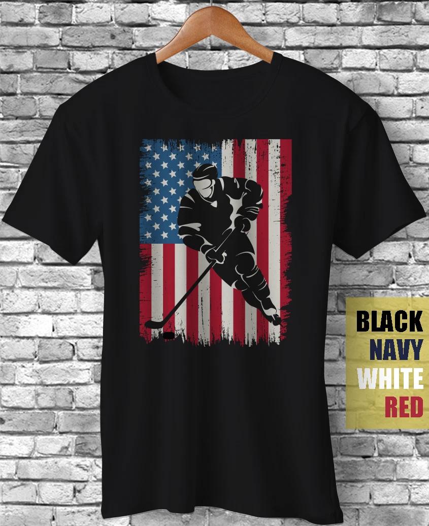 US Flag Patriotic Hockey Player Team Fans Ice Skating Funny Gift Unisex T-Shirt M
