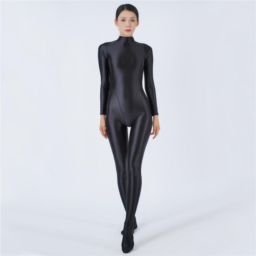 Sexy Women Stain Oil Shiny Elastic Bodysuit Shapping Romper One-Piece Thong Silky Tight Satin Jumpsuits Candy Color Maid Leotard