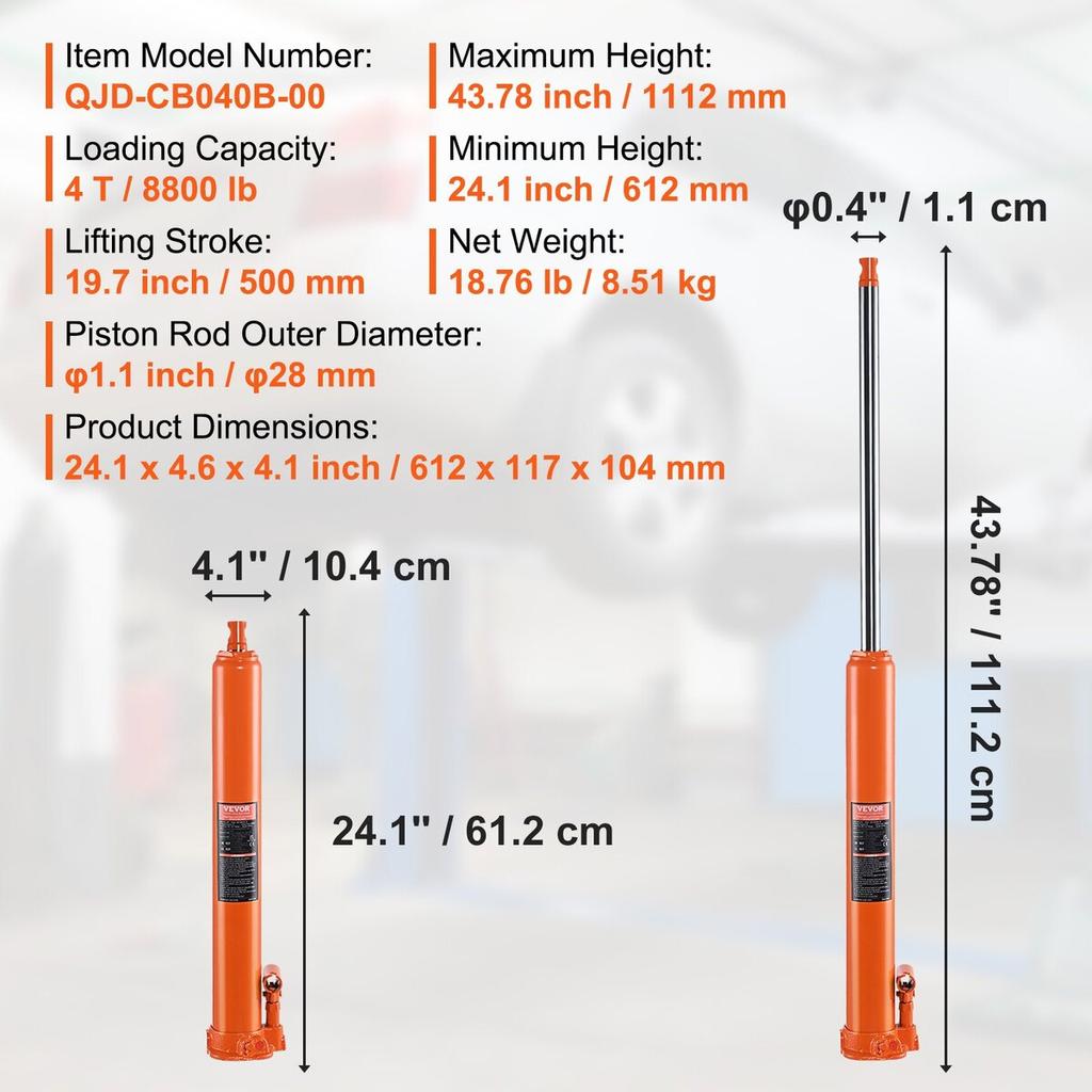 Hydraulic Long Ram Jack, 4 Ton Engine Hoist Cylinder with Single Piston Pump And Flat Base, Hydraulic Ram Cylinder for Engine Lift Hoists, Hydraulic