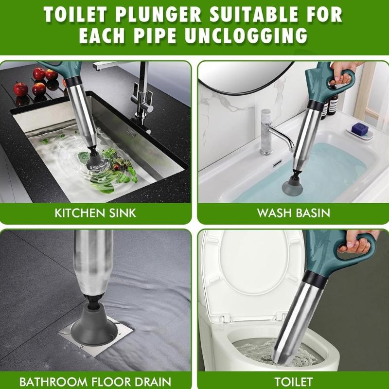 Stainless Steel Toilet Drain Cleaner High Pressure Air Plunger 120PSI 8 kPa With 3 Nozzles For Sink Bathtubs Pipe Clogs