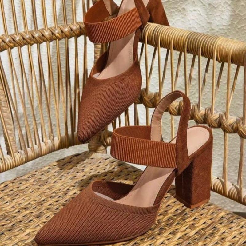 

Pointed Toe Shallow Mouth Block Heel Sandals Summer New Anti-Slip Wear-Resistant Slip-On Heels 36 светло-коричневого