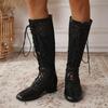 Stylish Summer Tall Boots Knee High Women Square Toe Lace Up Mesh Gladiator Sandals Block Low Heel Zipper Shoes