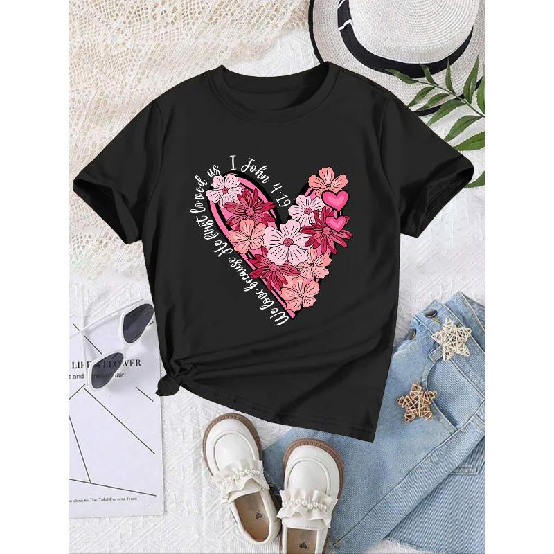 European Sizes Girls' Stylish Casual Print T-Shirt, Round Neck, Short Sleeves, with a Slight Stretch In The Fabric, Minimalist Style