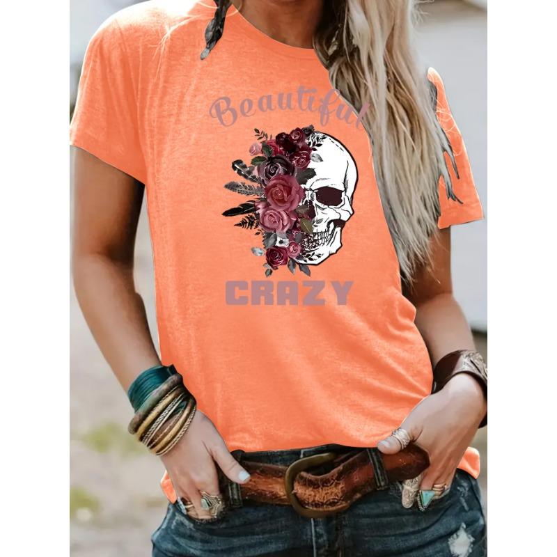 Round-neck Fashionable Skull Flower Print Top Women's T-shirt with Loose Short Sleeves