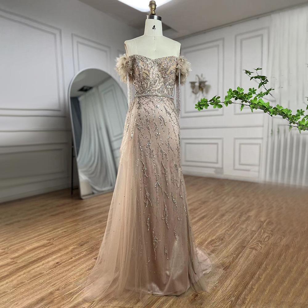 High-end elegant tassel short-sleeved fishtail long dress light luxury temperament celebrity banquet hosting dress LA11110