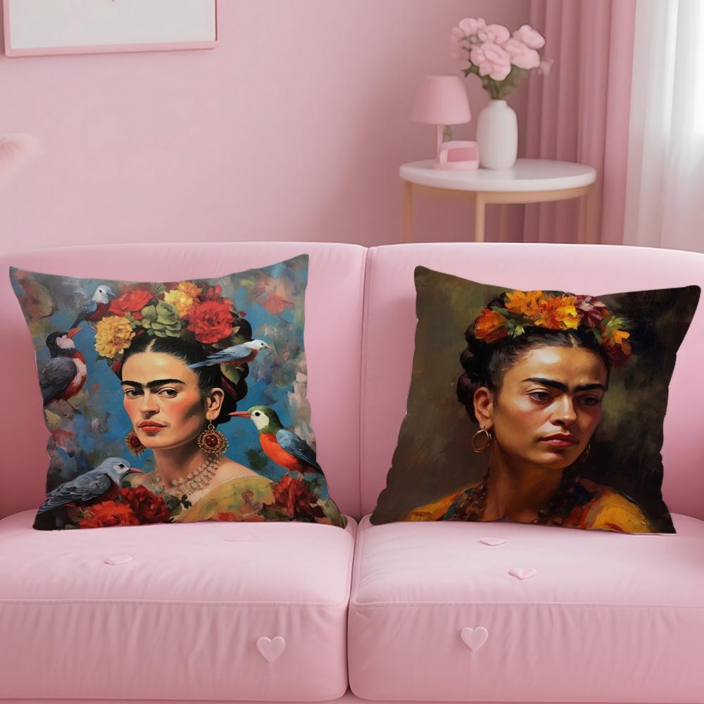 Housse de coussin Art Peinture F-Fridas Peluche Courte Douce Impression Double Face Décoration Intérieure Housse de Coussin Lavable en Machine Cadeau