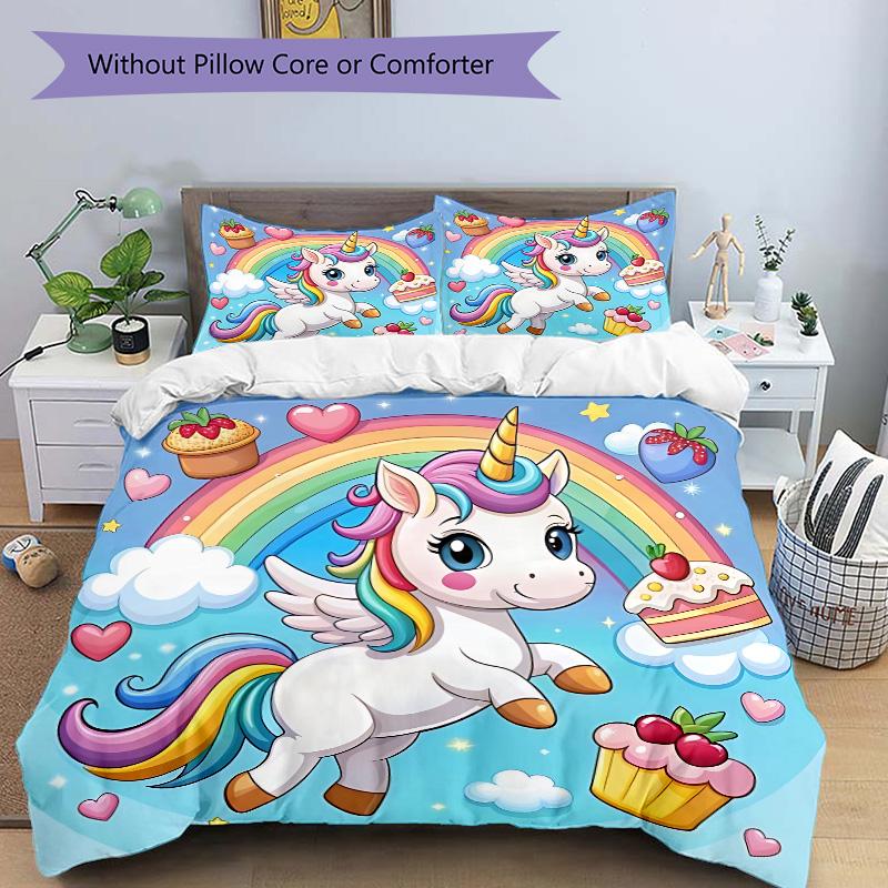 Rainbow Unicorn Fantasy Print 3Pcs Bedding Setduvet Cover With 2 Bedropillowcase Home Birthday Gift