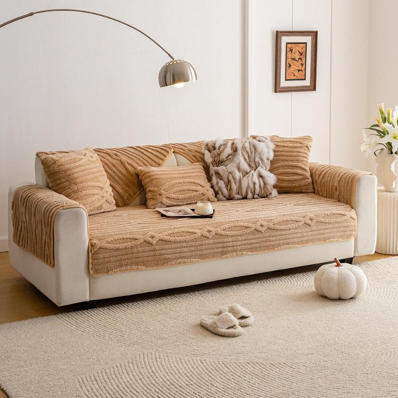Luxurious Plush Non-Slip Sofa Mat Simple Modern Autumn and Winter Warm Sofa Towel Covers Nordic Solid Color Jacquard Sofa Cover