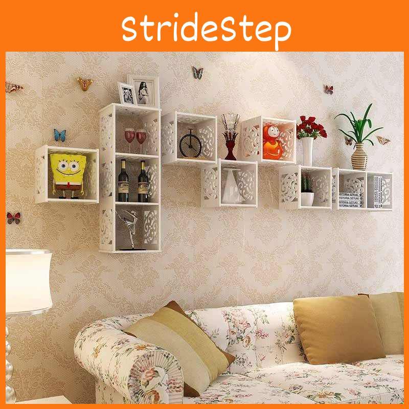 Contemporary Wooden Wall Shelf With Modular Grid Design For Bedroom Storage And Decor