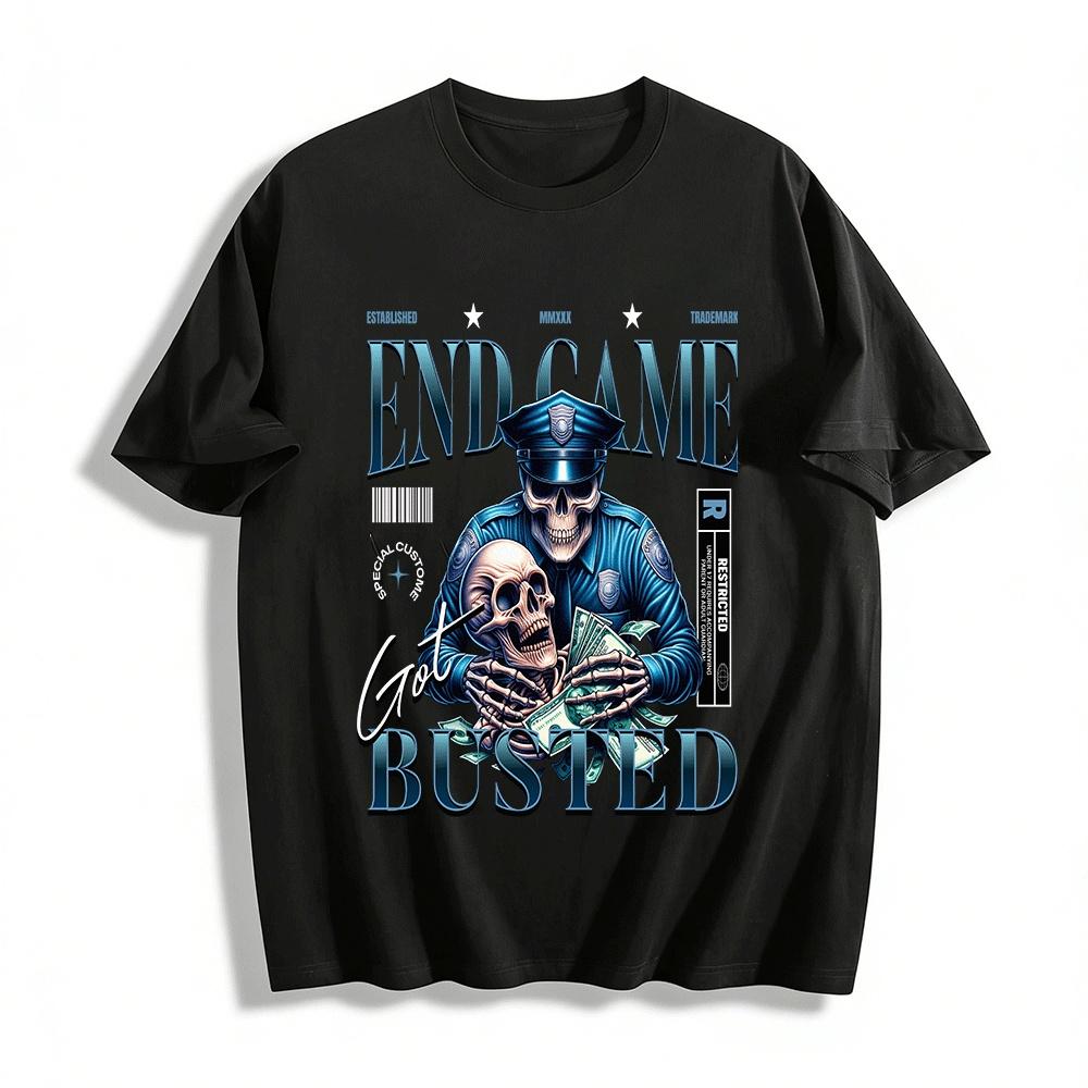 End Game Got Busted Skeleton Cop Graphic Streetwear Tee Pure cotton T-shirt XXS