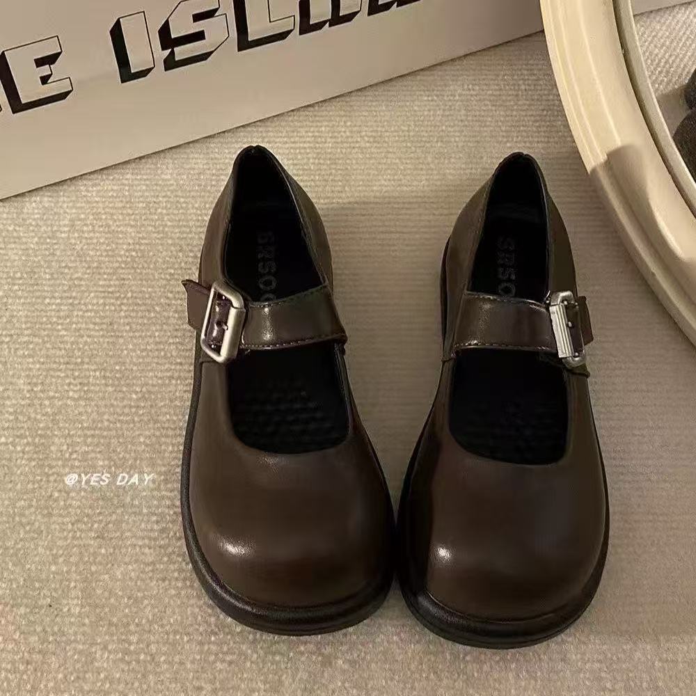 French round head Mary Jane single shoes early autumn new retro British style flat bottom inner height increase small leather shoes