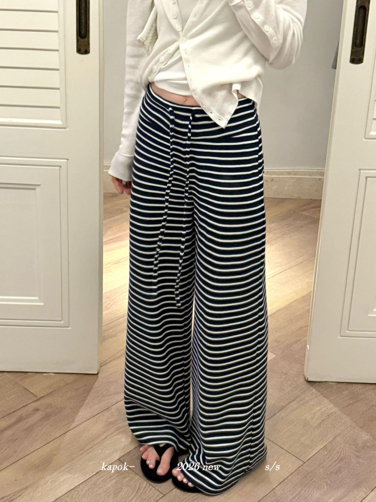 

Thirteen Rows Kapok Women s Spring Elastic Loose Striped Casual Trousers Large темно-синього кольору