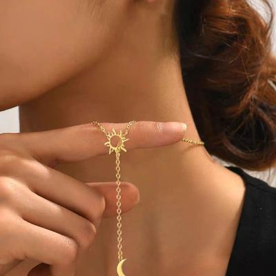 1pc Gold Color Chain Sun Moon Tassel Necklace, Suitable for Women's Able and Simple Daily Party Jewelry Gifts