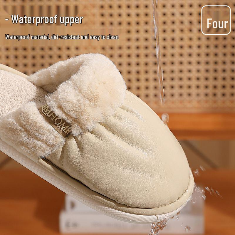 Women's & Men's PU Waterproof Cotton Slippers - Non-Slip, Silent Indoor Shoes for Autumn/Winter 2025