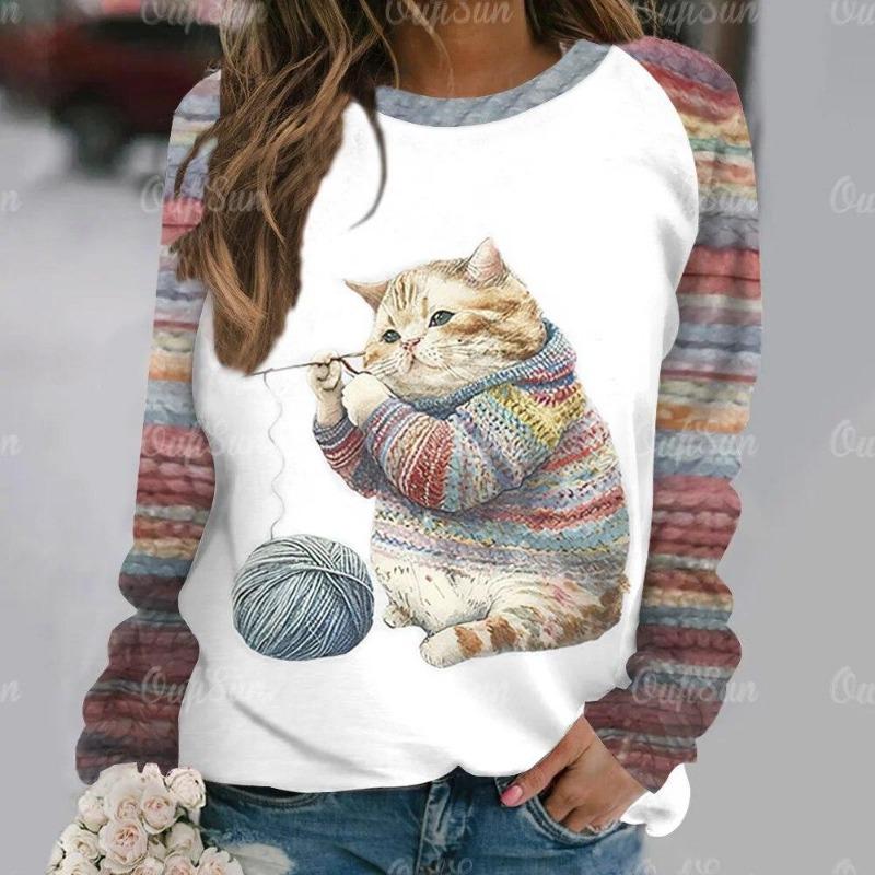 Mode Kawaii Katt Djur Tryck Långärmade T-shirts För Kvinnor Sweatshirts Dam Söt O-Hals Pullover Kvinna T-shirts Topp Kläder