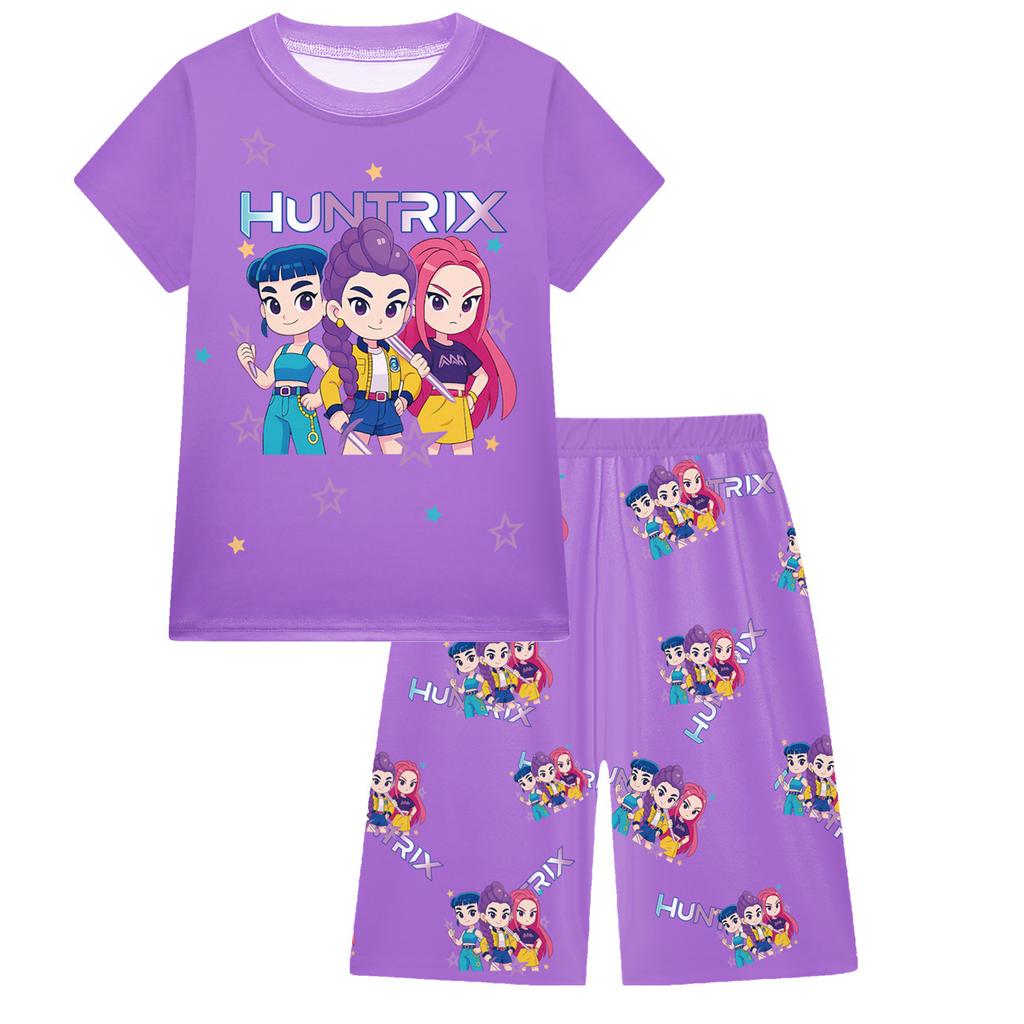 KPOP Mädchen T-Shirt und Hosen Set, Demon Slayer Cartoon, Zweiteiliges Kurzarm- und Shorts-Set für große Kinder