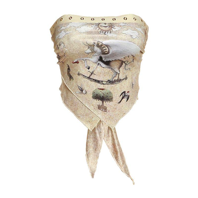 

# Sisjuly# Exotic Vacation Style Vibe Retro Fun Printing Stylish Lace up Slim Fit Tube Top Female Easiest for Match Khaki L