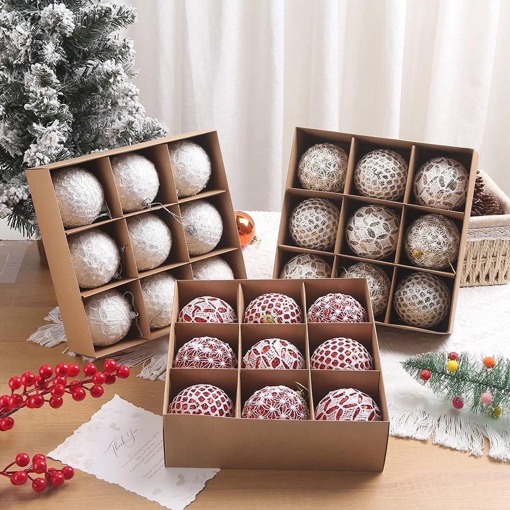 9Pcs/Box DIY Crafts Xmas Tree Ornament Party Supplies Plastic Painted Ball Xmas Tree Hanging Lace Creative Xmas Tree Charm Gift