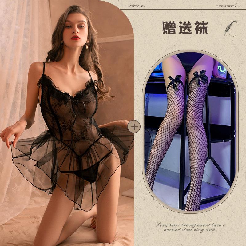 Large Size Sexy Lingerie Suspender Lace Pajamas Women's Perspective Mesh Seduction Passion Hot Suit