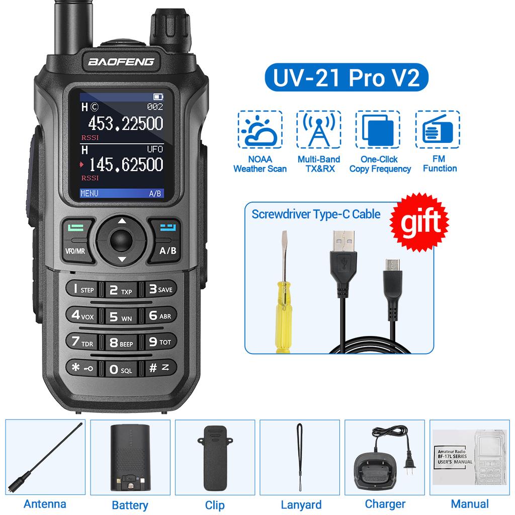 Baofeng UV-21 Pro Walkie Talkie Long Range Air Band Wireless Copy Frequency VHF UHF Type-C Rechargeable Upgrade UV-5R Ham Radio