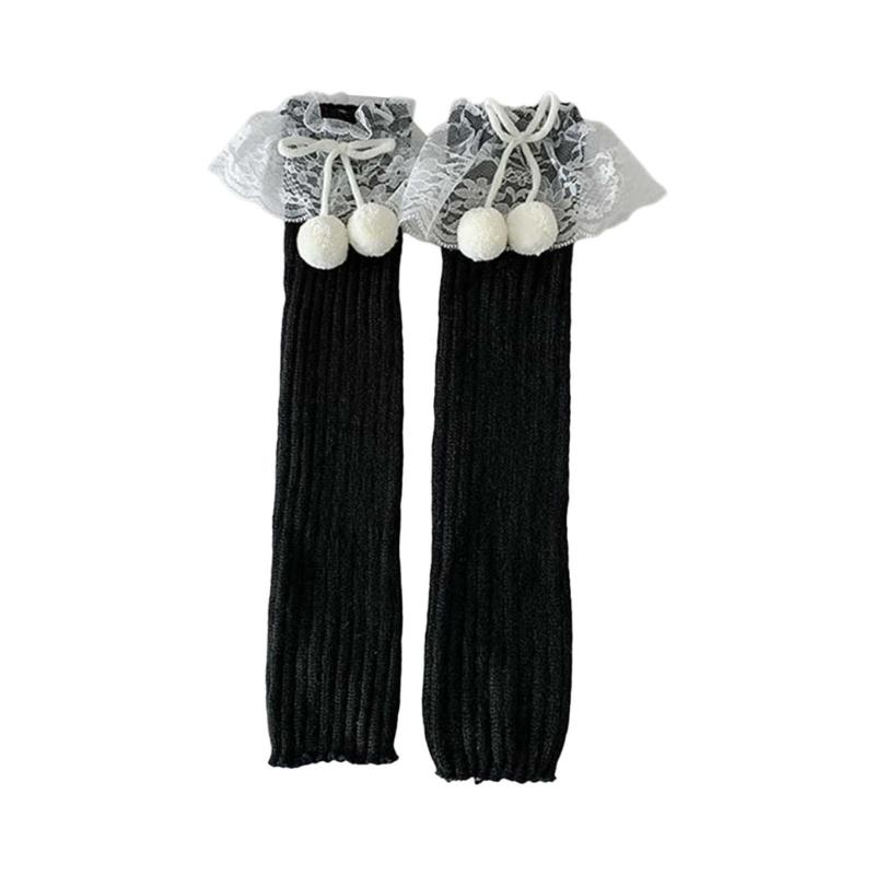 Lolitas Plush Ball Ruffle Frilly Leg Warmers Knitted Leg Sleeves Goth Crochet Ankle Heap Socks JK Uniform Foot Cover