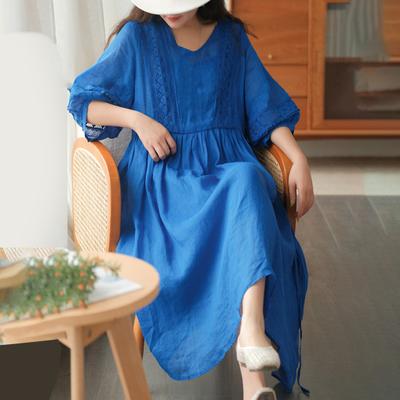 Women Midi Dress V Neck Lace Patchwork Solid Color Bubble Sleeve Loose Pleated Soft Half Sleeve Big Hem Lady Dating Prom Dess