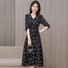 Fashion age-reducing new strap-up bubble sleeves floral V-neck dress women's summer temperament Muse fan waist A-shaped long dress