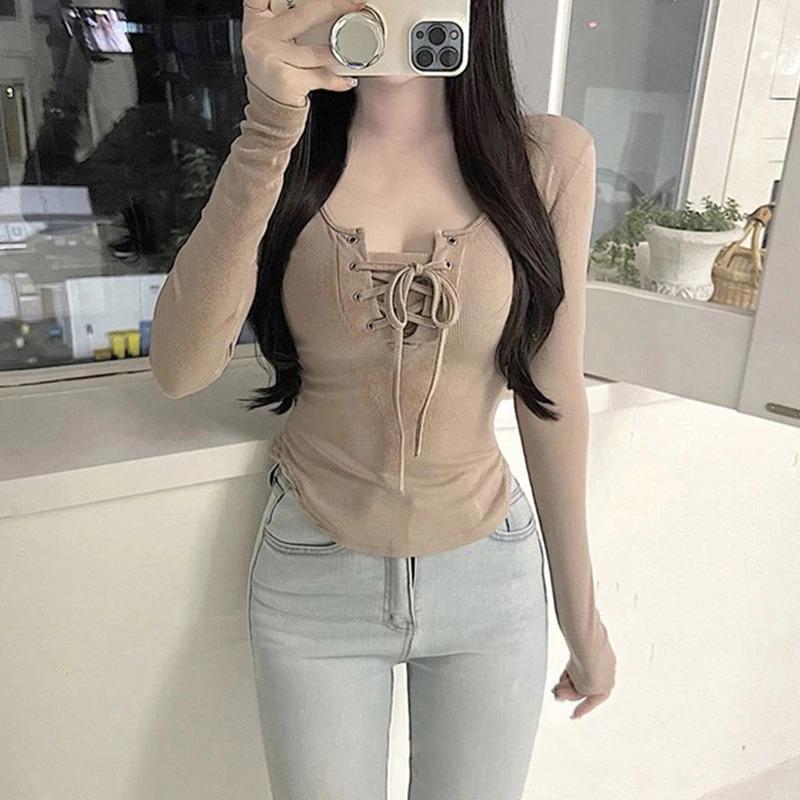 Women Autumn Sexy Lace-up Round Neck Long Sleeve Irregular Solid Color Slim T-shirt
