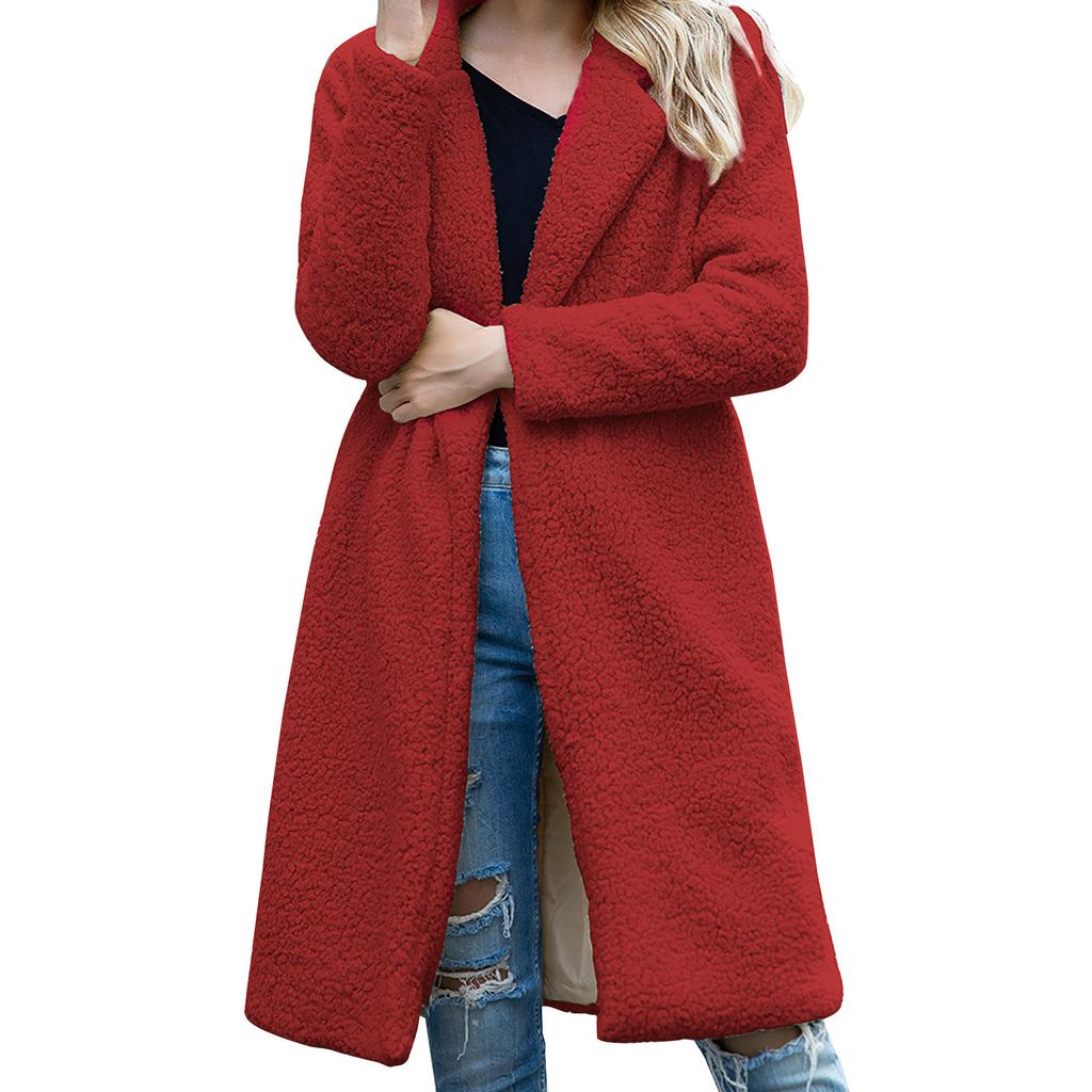 Women's  And Winter Loose Solid Color Stitching Long-sleeved Lapel Lambskin Extended Version Warm Cardigan Coat