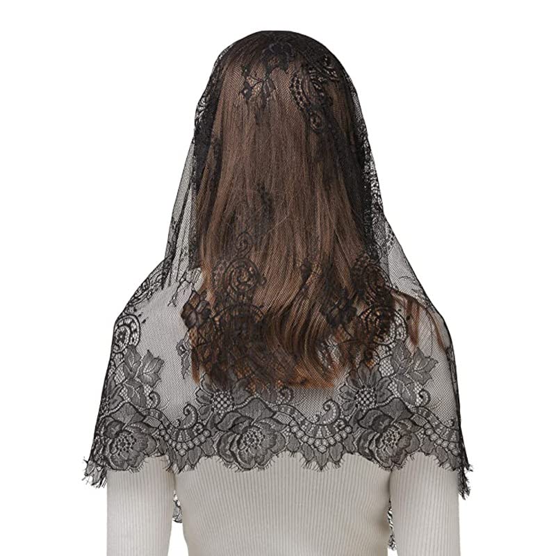 Uccellino Katholischer Schleier, Spitzen-Schleier in Ringform für die Kirchenmesse, Gothic Lolita Cosplay (Schwarz-Weiß-Set)