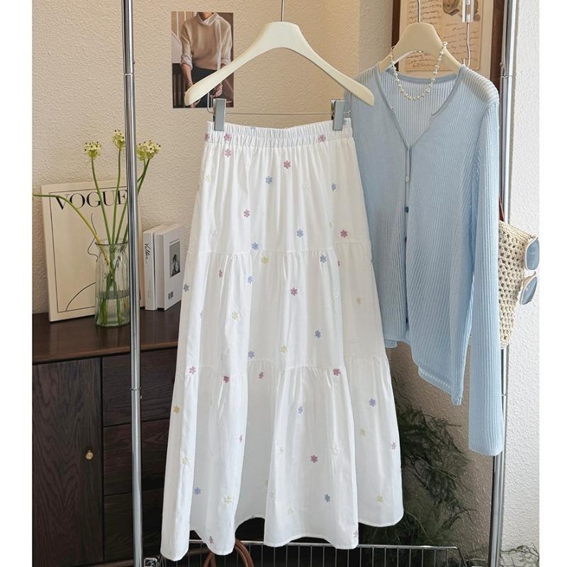 Spring and summer small fresh embroidered flower skirt women's new high waist and thin a word versatile casual medium and long skirt