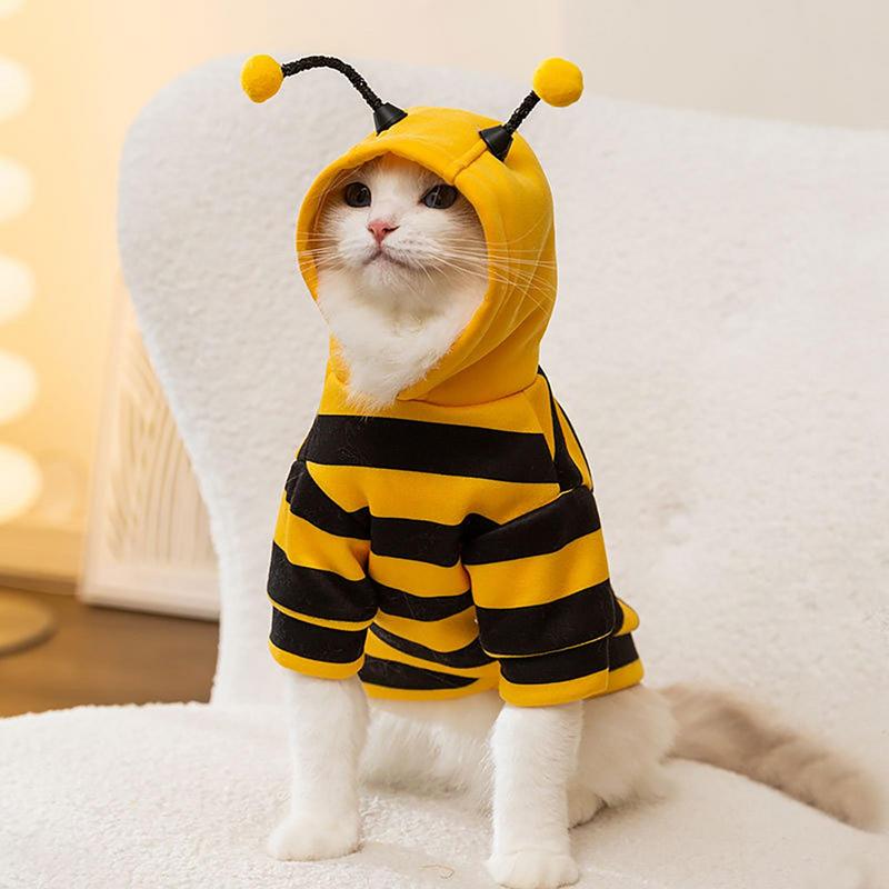 Katzen-Bienen-Kostüm, weiche Katzen-Ferien-Cosplay, warme Kleidung, Haustier-Biene, Halloween-Kapuzenpullover, Herbst-Winter-Wärmekleidung für Haustier-Zubehör