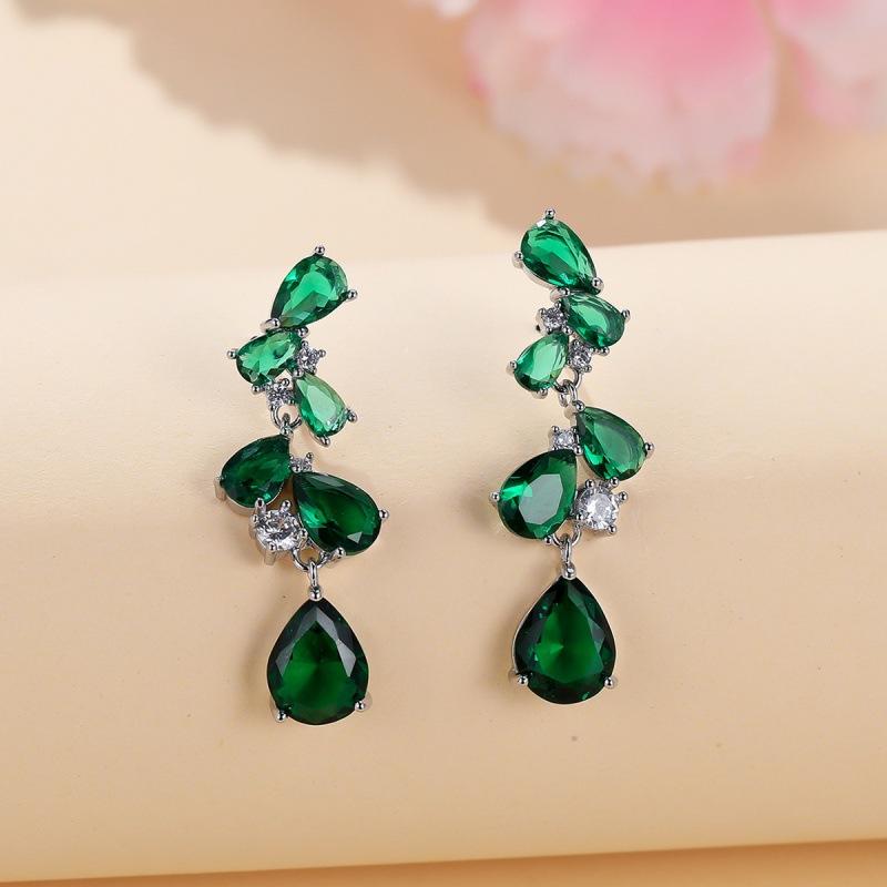 Platinum White Diamond Flower Leaf Pendant Earrings Zircon Water Drop Atmosphere