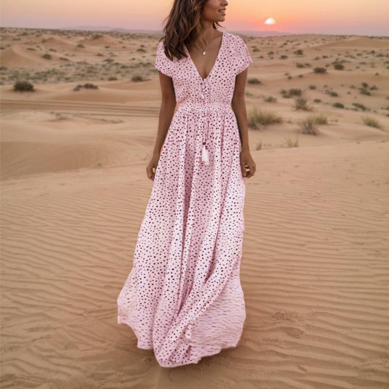 Stylish Summer V-neck Short Sleeve Long Dress Holiday Beach Polka Dot Boho Dress S розовый