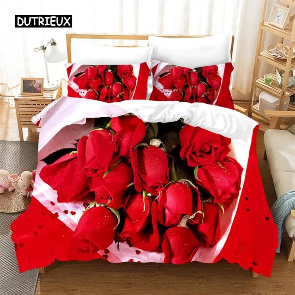 Rose Duvet Cover Set Microfiber Pink Heart Rose Romantic Flower Theme Bedding Set For Lovers Double Queen King Size Quilt Cover