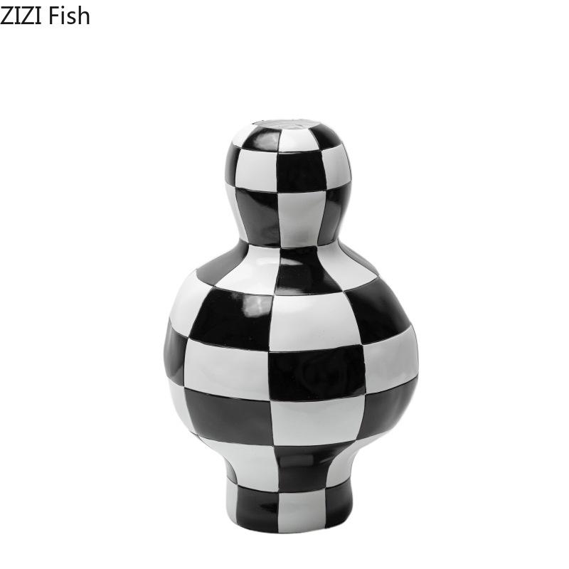 Black and White Check Texture Vase Desk Decoration Flower Arrangement Modern Crafts Irregular Shaped Vases Room Aesthetic Decor
