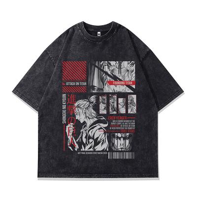 Retro Trendy T-Shirt Harajuku Two-Dimensional Cartoon Direct Injection Printing Heavy Cotton Washed Short-Sleeved T-Shirt For Men And Women