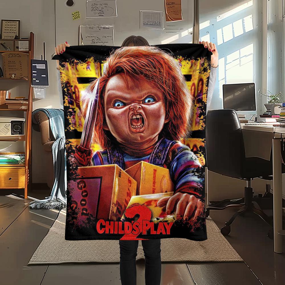 1PC Chucky Print Flannel Blanket, High quality All Seasons, Home Decor, Warmth and Comfort, Perfect for Christmas Gifts