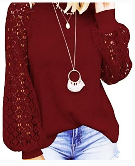 2025 Women's Lace-Trimmed Round Neck Long-Sleeve Loose Top