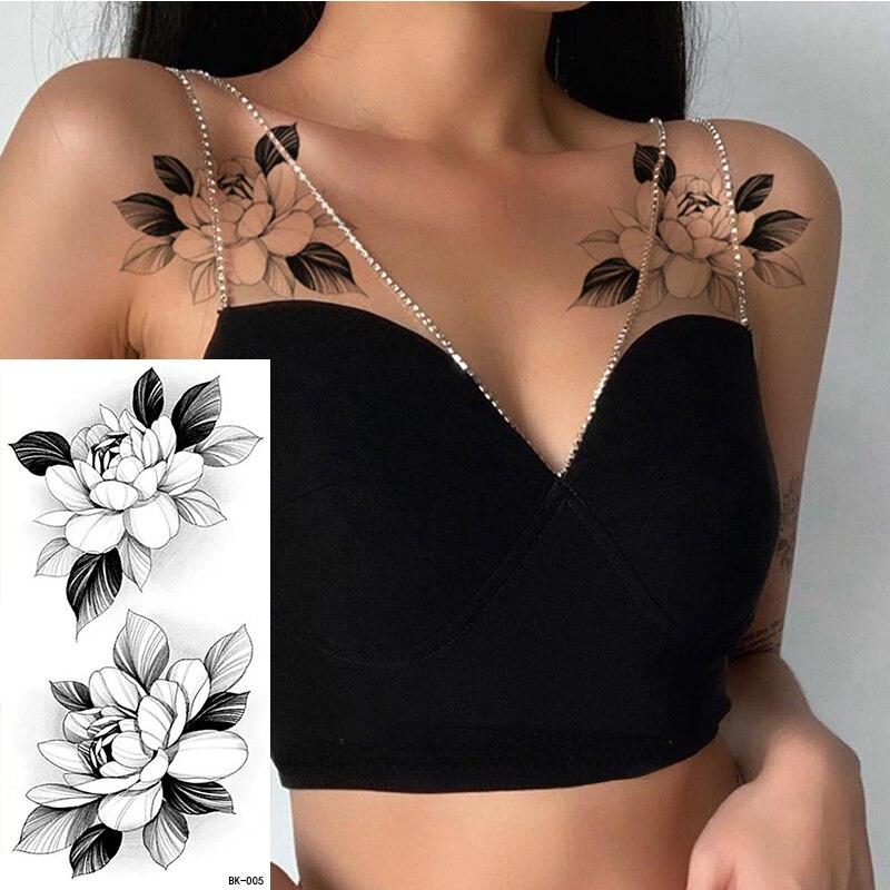 1 Stück Sexy Schwarze Blume Temporäre Fake Tattoo Aufkleber für Frauen Mädchen Falsche Tattoos DIY Wassertransfer Tattoos Körperkunst Make-up