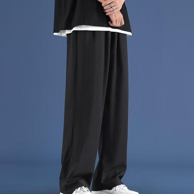 Pánské tepláky s širokými nohavicemi z ledového hedvábí pro jaro 2024: Jednobarevné, Lehké, Rovný střih