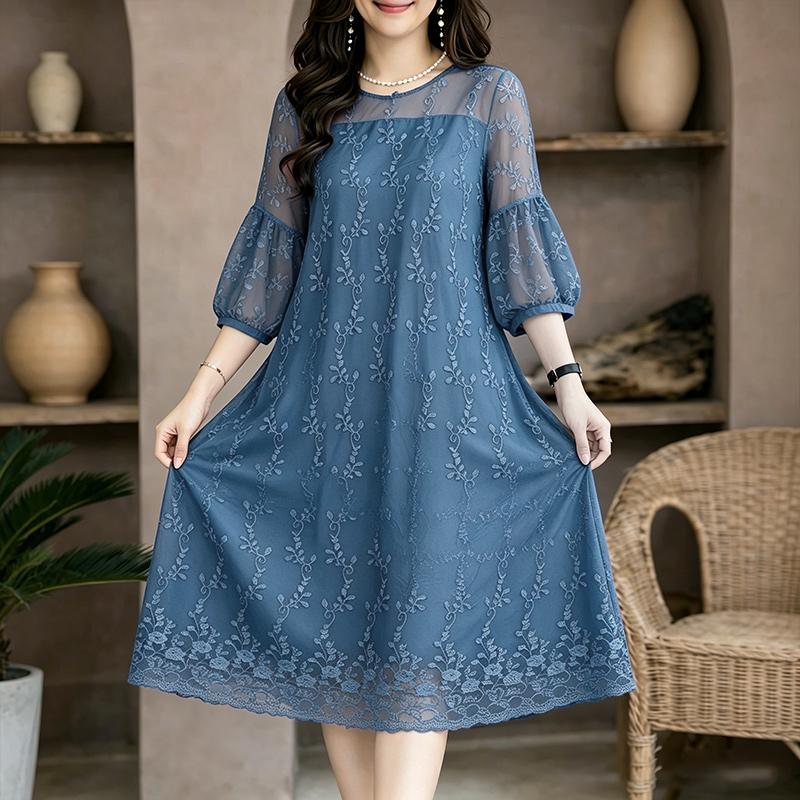 ZANZEA Women Casual Round Neck Sheer Lace Splice Elegant 3/4 Sleeve Dress S синий