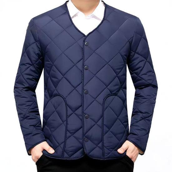 Men Cotton Coat O-Neck Long Sleeve Diamond-Shaped Stitching Button Placket Coat Solid